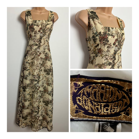 Vintage Early 1970s MARION DONALDSON Size 8 Cream Woodland Botanical Print Maxi Dress