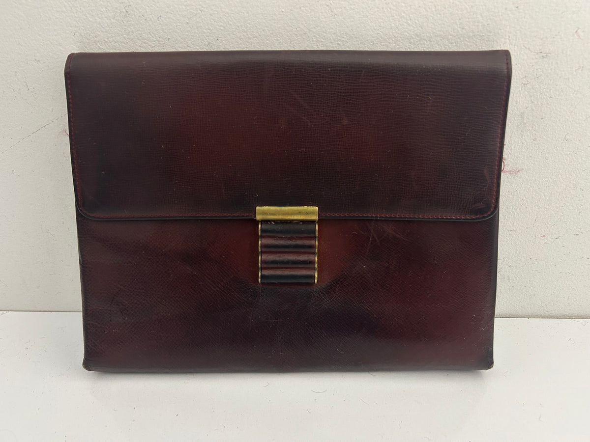 Vintage 1940s Dark Reddish Brown Real Leather Clutch Handbag With Hand Strap