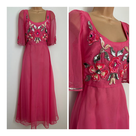 Vintage Late 1970s Size 8 Candy Pink Sequin Floral Embellished Flutter Sleeve Occasion Maxi Dress
