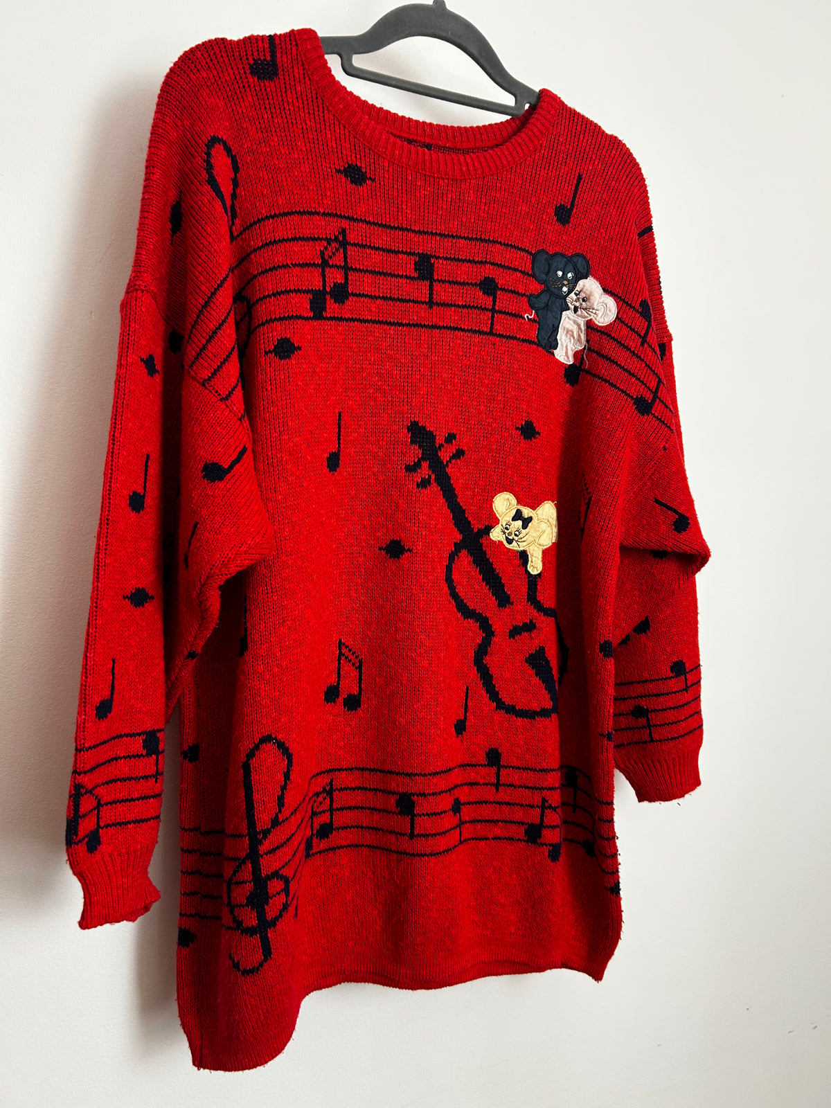 Vintage 1980s Up To Size 12-14 Red & Black Musical Theme & Mice Applique Novelty Jumper