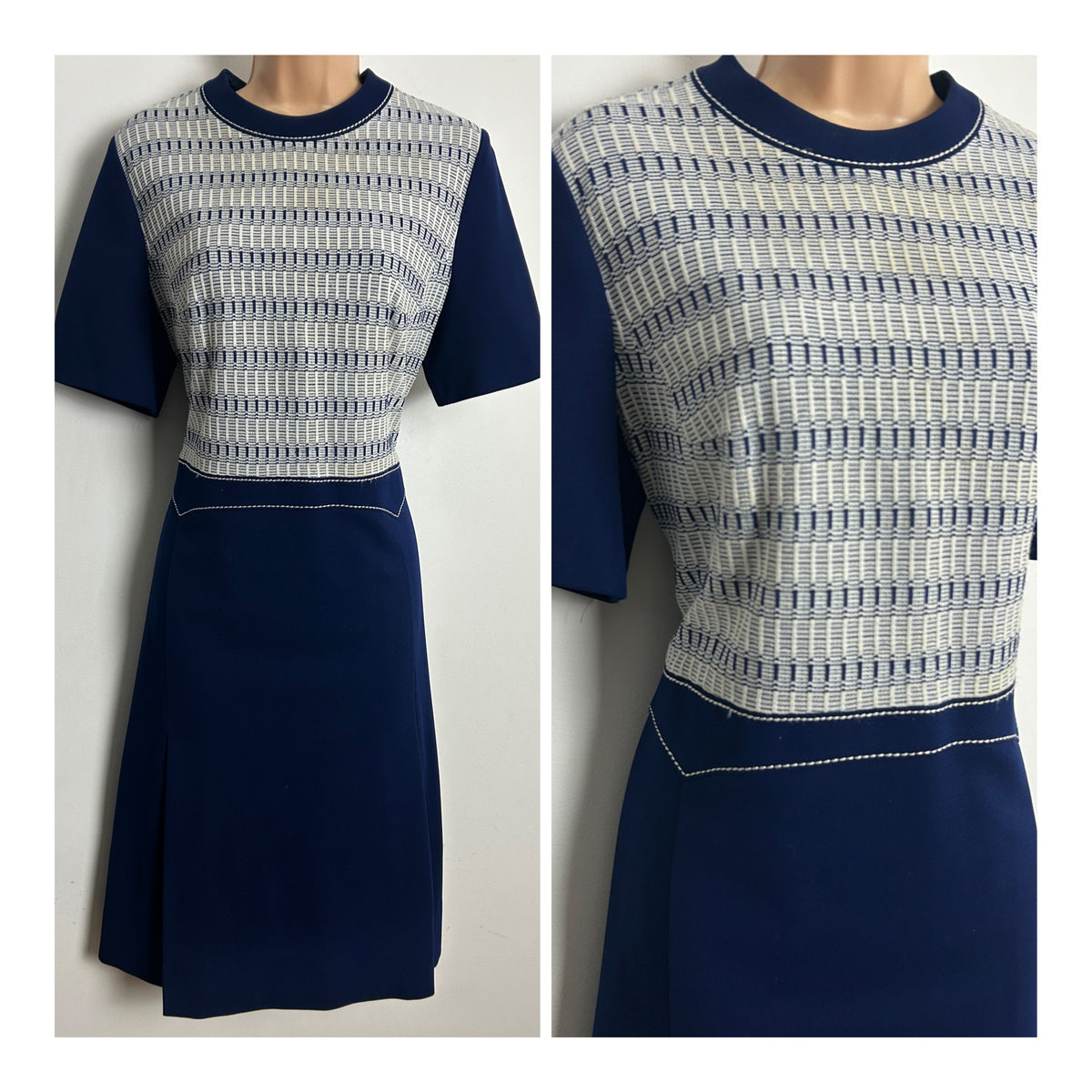 Vintage 1960s Size 14-16 Navy Blue & White Stripe Woven Bodice Detail Mod Shift Dress