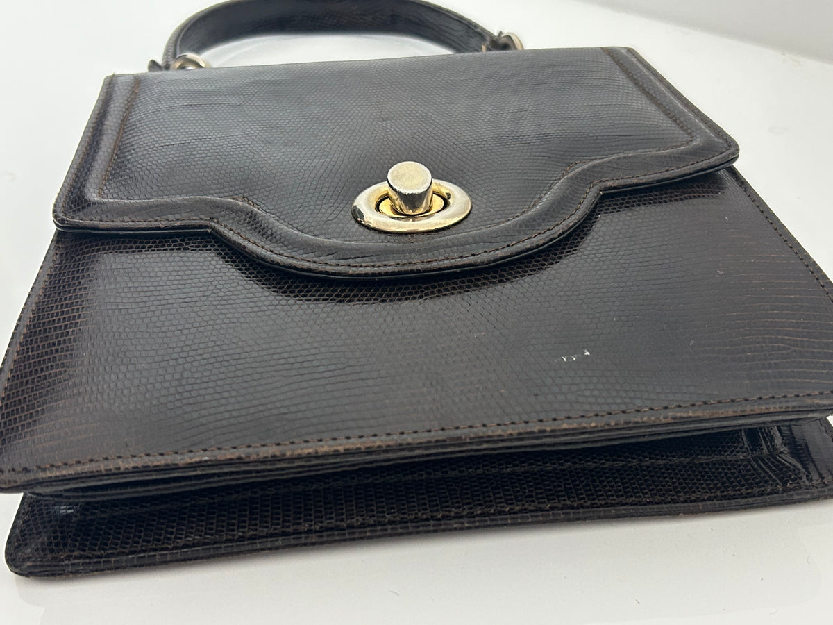 Vintage 1960s Dark Brown Leather Grab Handle Kelly Style Handbag
