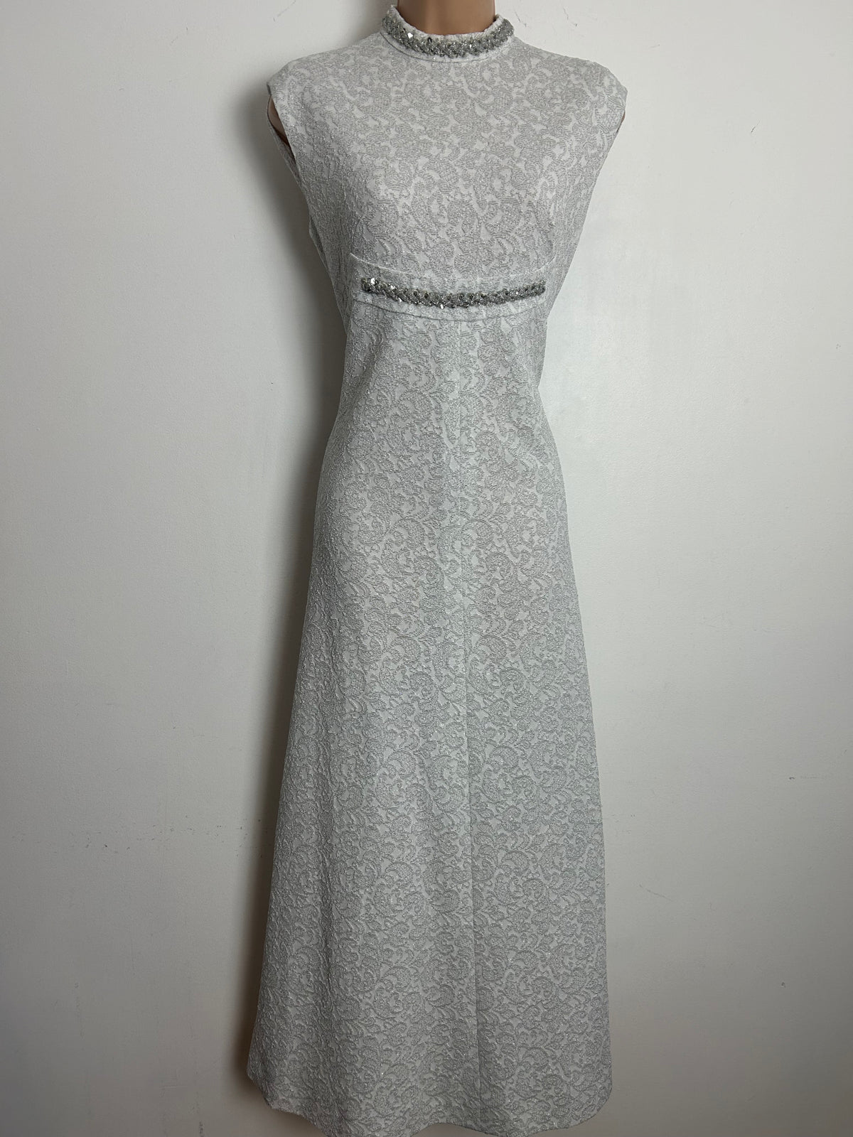 Vintage 1960s Size 12 White & Metallic Silver Braid Trim Crimplene Occasion Evening Maxi Dress