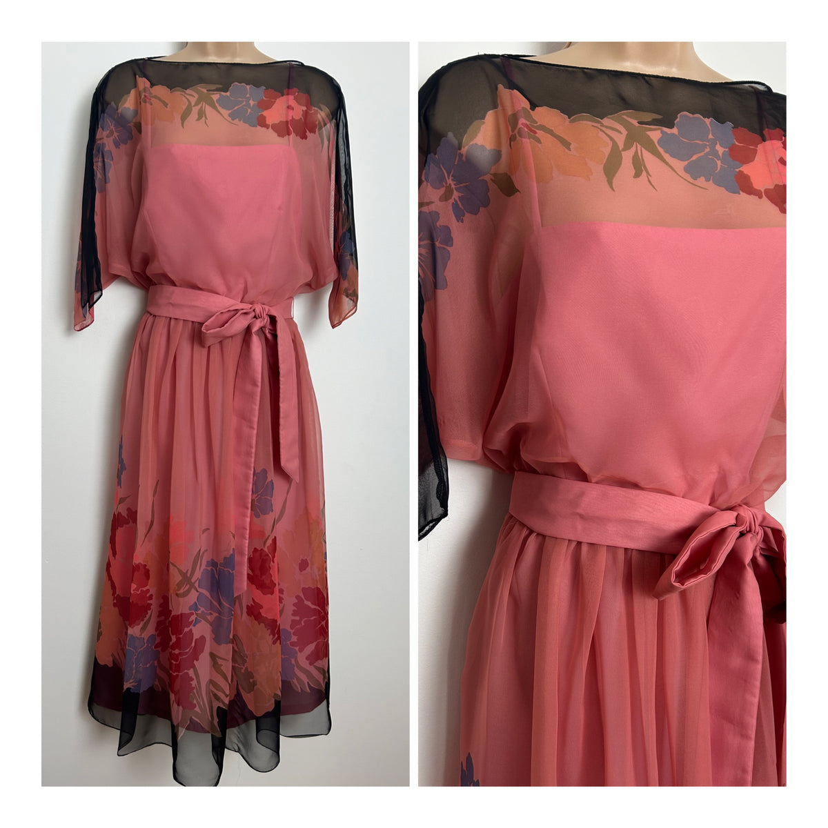 Vintage Early 1980s Size 8-10 Salmon Pink Black Dark Red & Blue Floral Belted Midi Dress