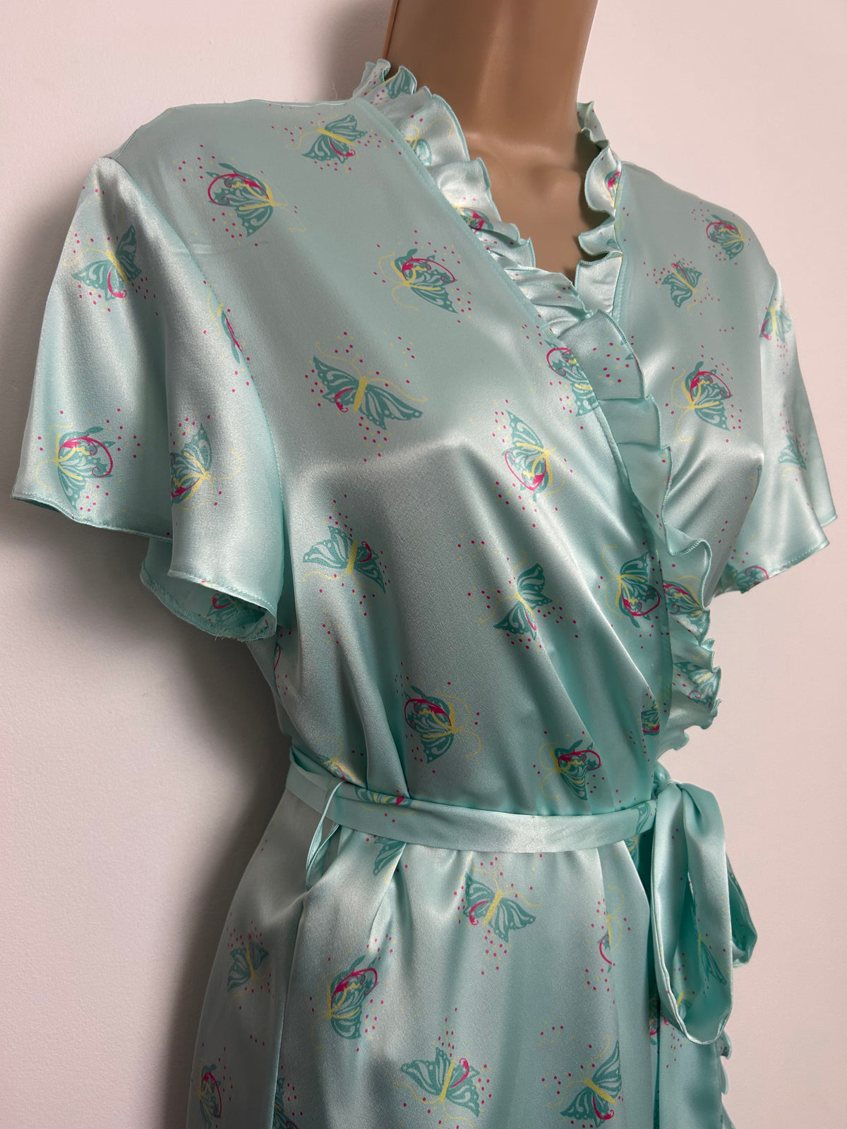 Circa 2008 Y2K Marks & Spencer Size 8-10 Turquoise Green Butterfly Print Silky Wrap Dressing  Gown