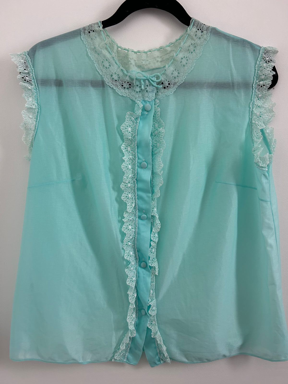 Vintage 1960s Size 16 Ice Blue Sleeveless Lace Trim Nylon Button Through Blouse Top