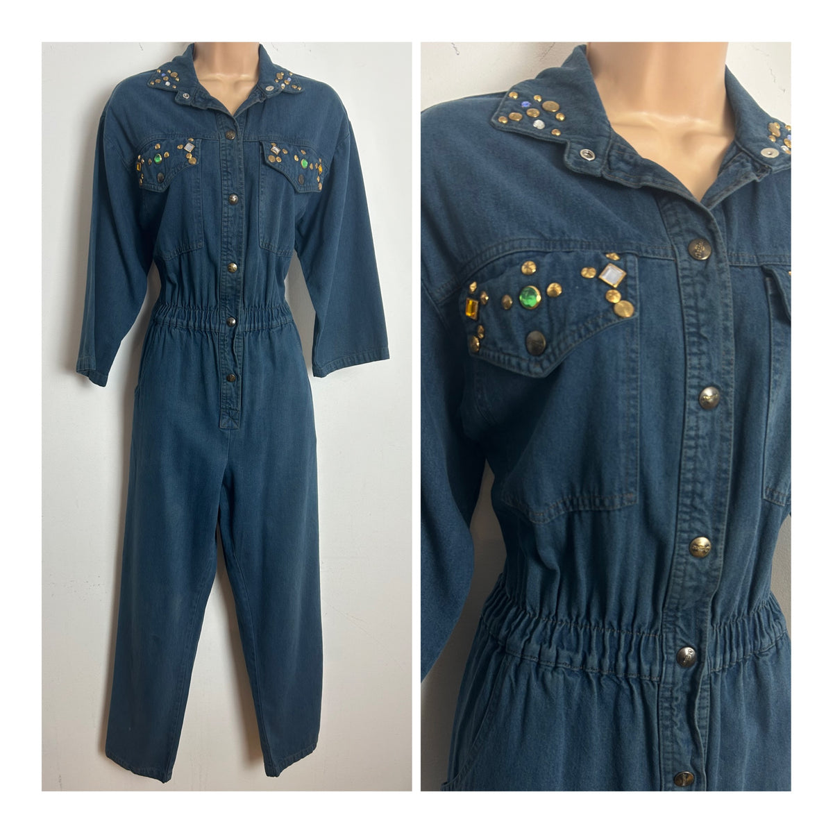 Vintage 1980s DREAMS Size 10 Dark Denim Jewel & Stud Embellished Pocket Detail Jumpsuit