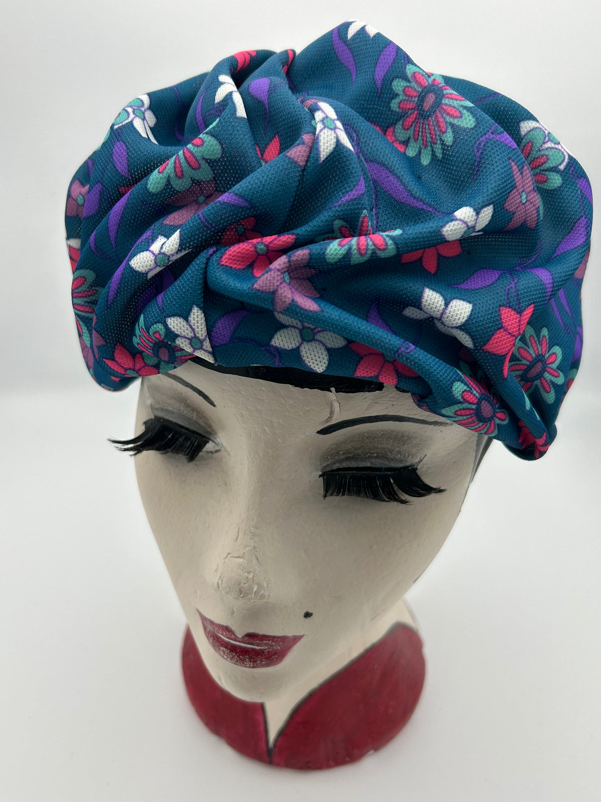 Vintage 1960s Petrol Blue Pink & Purple Floral Print Pleated Turban Style Pill Box Hat