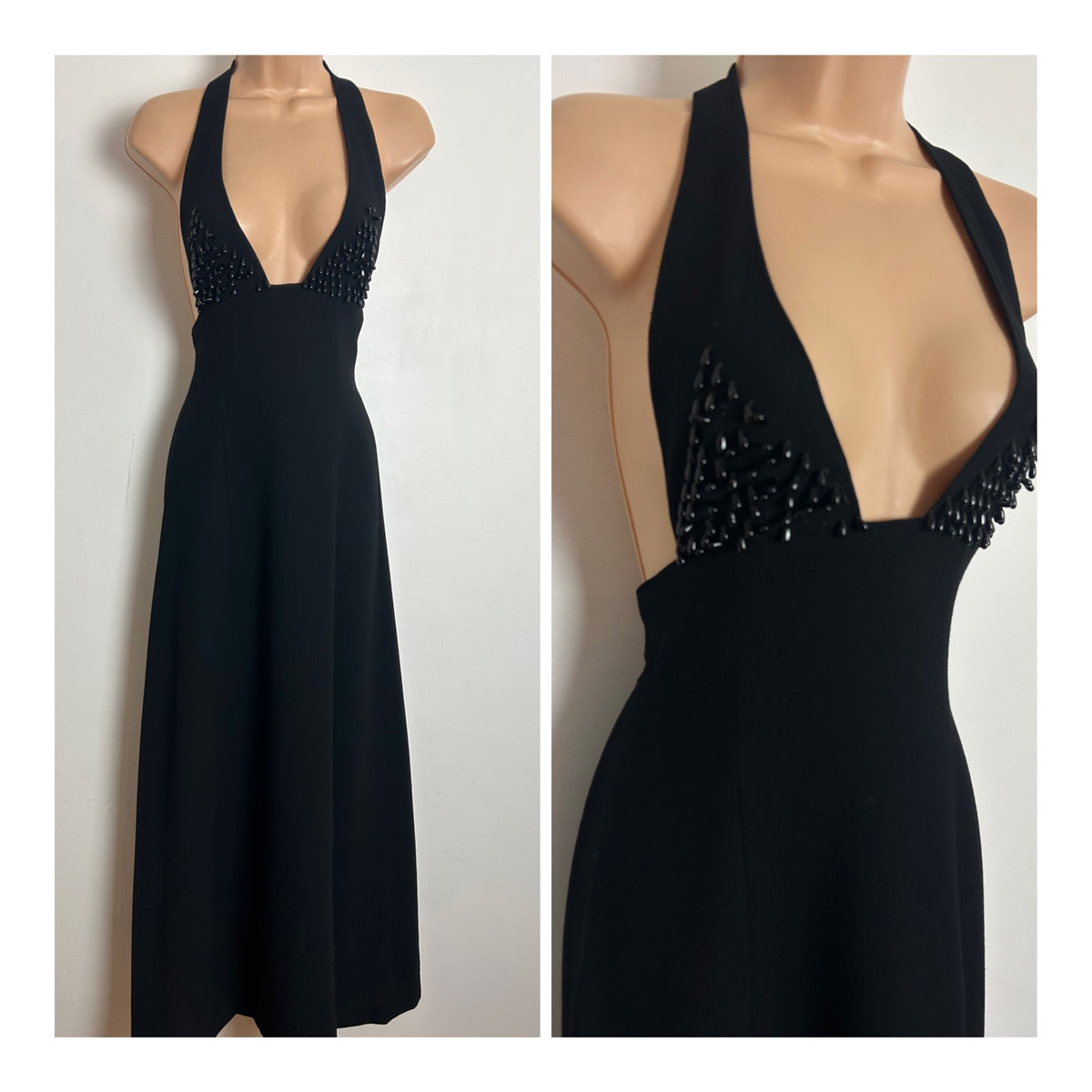 Vintage 1970s Size 8 Black Bead Detail Plunging V-Neck Open Back Occasion Evening Dress
