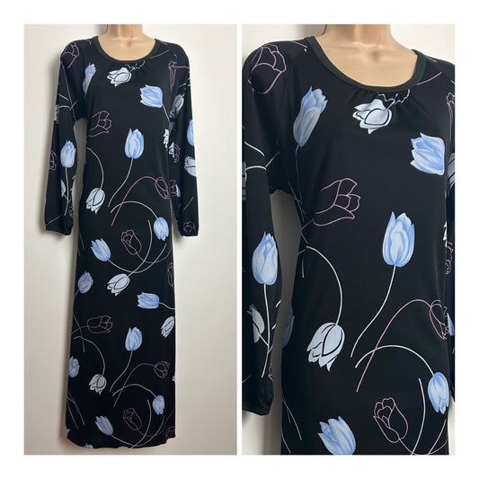Vintage 1970s RASUREL Size 14-16 Black Blue & Pink Floral Print Long Sleeve Maxi Dress