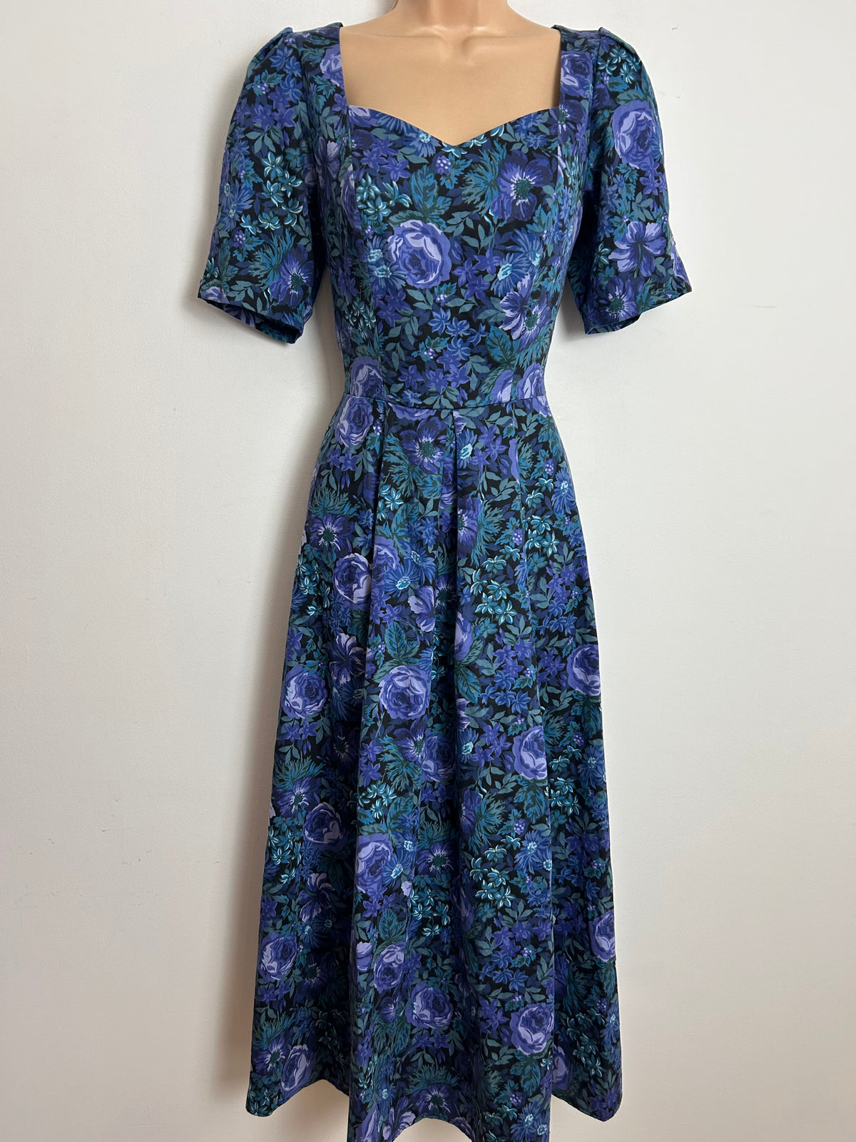 Vintage 1980s LAURA ASHLEY Size 10 Black Blue & Green Print Open Bow Back Dress