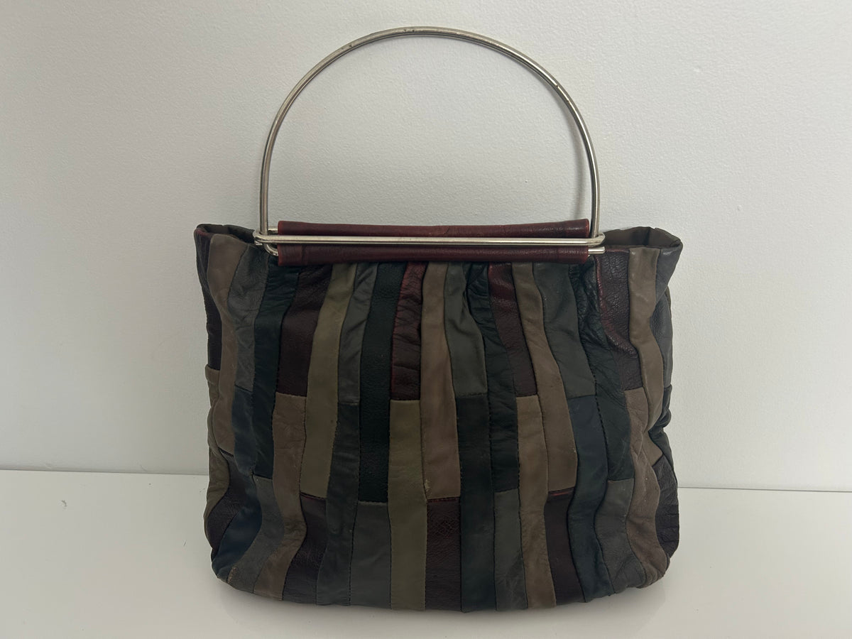 Vintage 1970s Dark Red Green & Grey Tones Patchwork Leather Metal Handled Boho Handbag