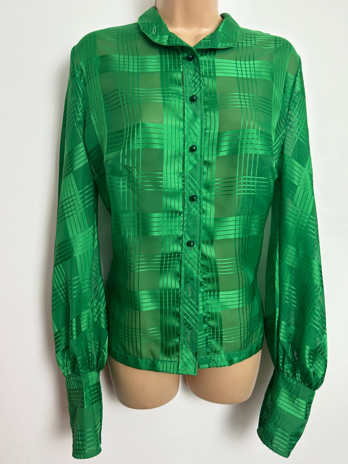 Vintage Early 1980s Size 14 Emerald Green Check Pattern Long Sleeve Shirt