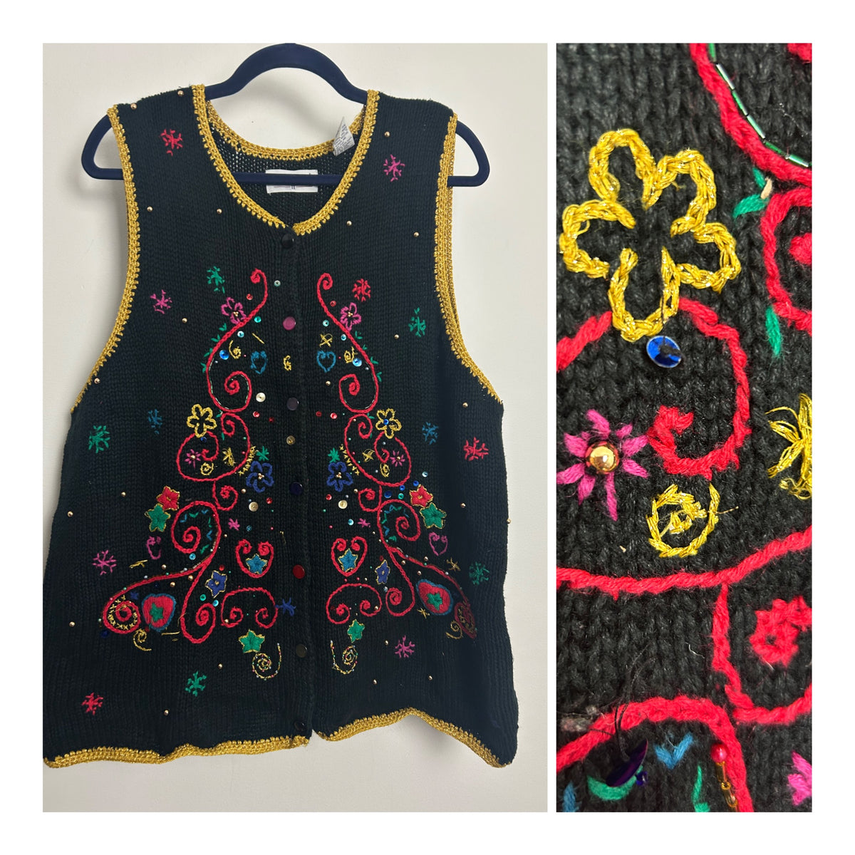 Vintage 1980s WESTBOUND Black Embellished Christmas Sweater Vest Cardigan Up To 16