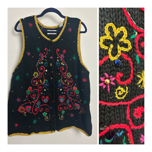 Vintage 1980s WESTBOUND Black Embellished Christmas Sweater Vest Cardigan Up To 16