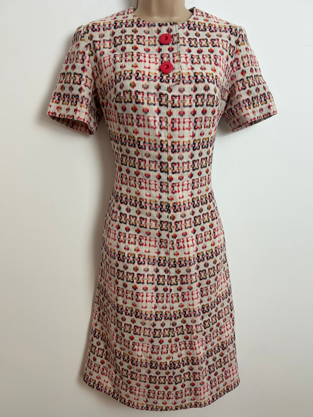 Vintage 1960s UK 8-10 Cream Red & Mustard Abstract Geo Print Short Sleeve Mod Shift Dress