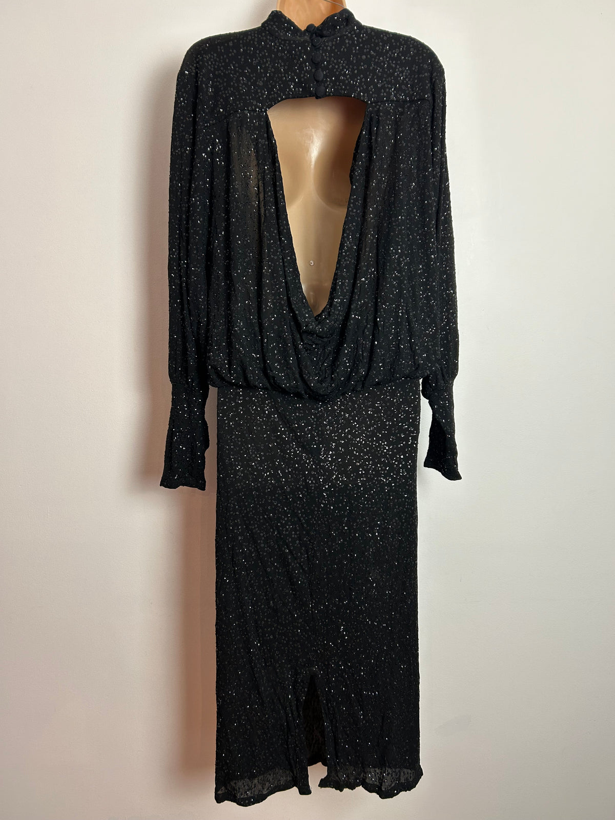 Vintage 1980s WALLIS EXCLUSIVE UK Size 10 Black Sequin Long Bat Wing Sleeve Open Drape Back Evening Party Dress