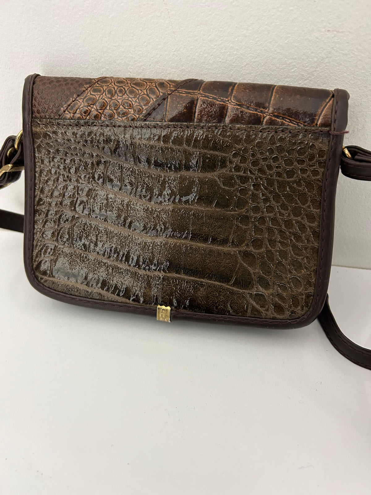 Vintage 1980s Brown Faux Reptile Leather Small Cross Body Handbag