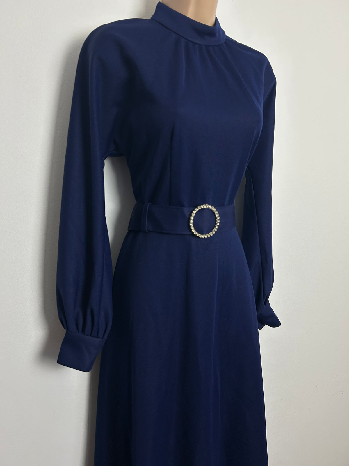 Vintage 1970s Size 8-10 Navy Blue Long Sleeve Belted Maxi Dress