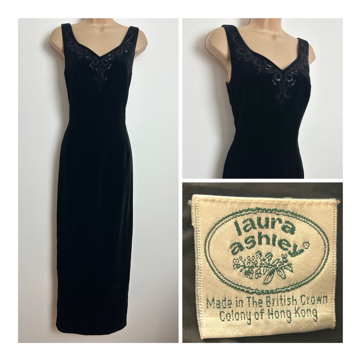 Vintage 1980s LAURA ASHLEY Size 8 Black Velvet Beaded Fitted Evening Occasion Gown