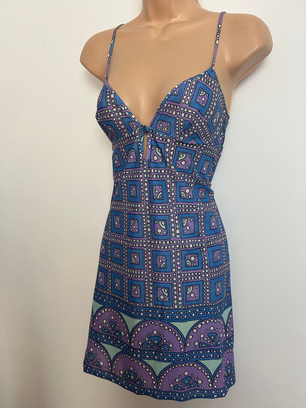 Vintage 1970s PIPPA DEE Size 8 Blue Lilac & Mint Green Geo Print Summer Sun Dress