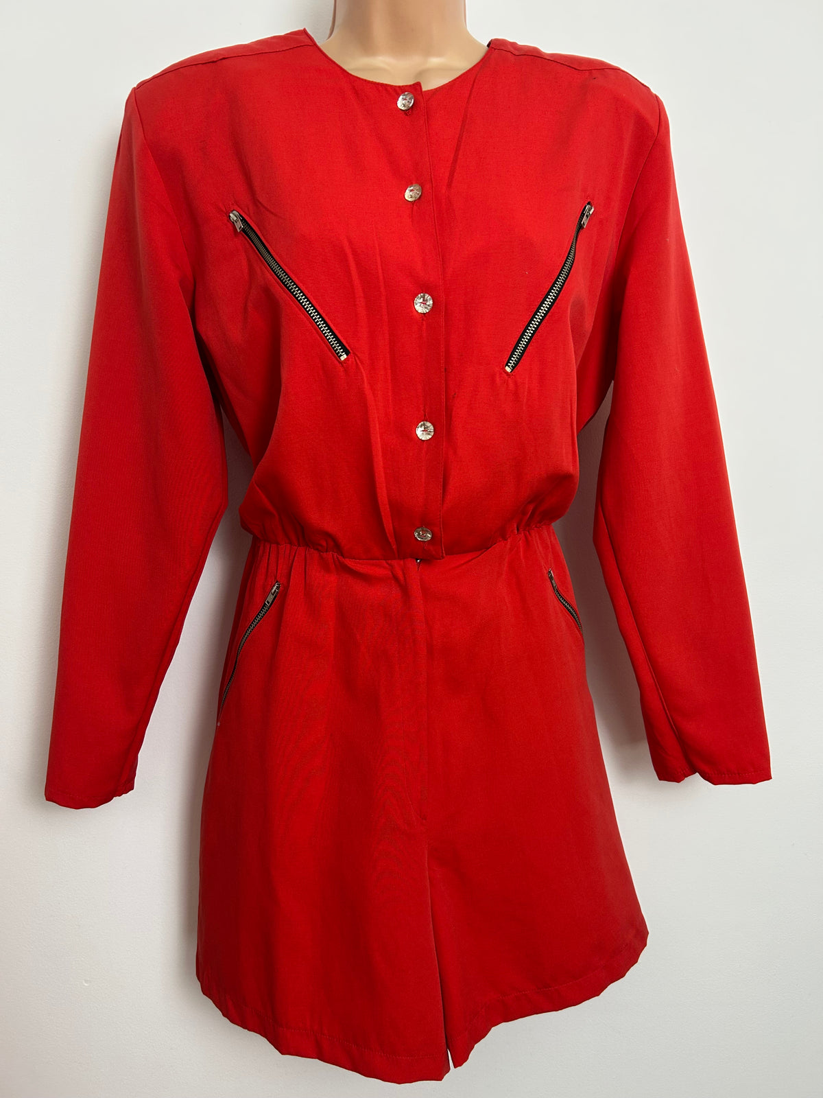 Vintage Early 1990s BELLA MINELLI Size 12-14 Red Zip Detail Long Sleeve City Shorts Playsuit