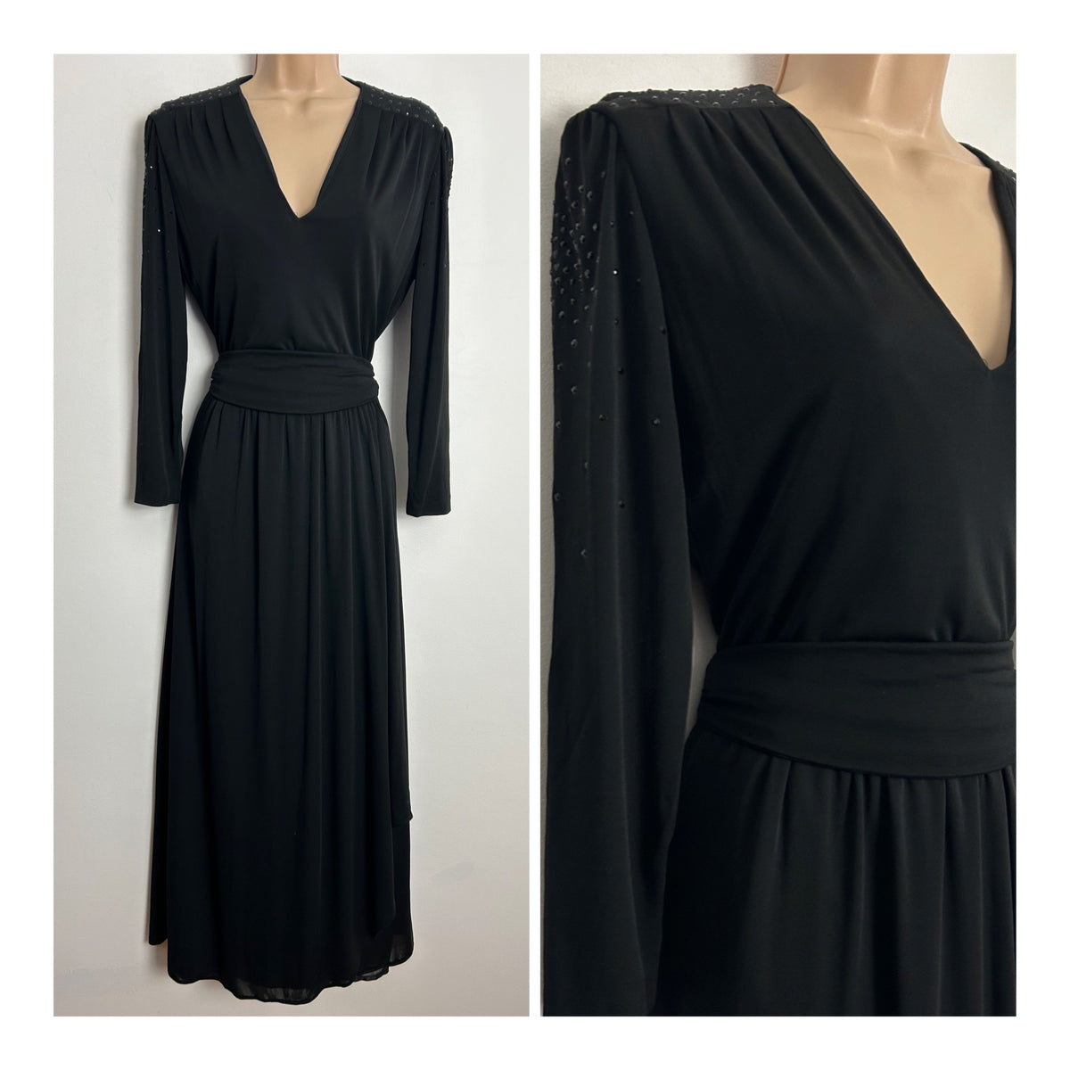 Vintage 1970s FINK MODELL UK Size 12 Black Diamante Detail Long Sleeve Belted Evening Occasion Maxi Dress
