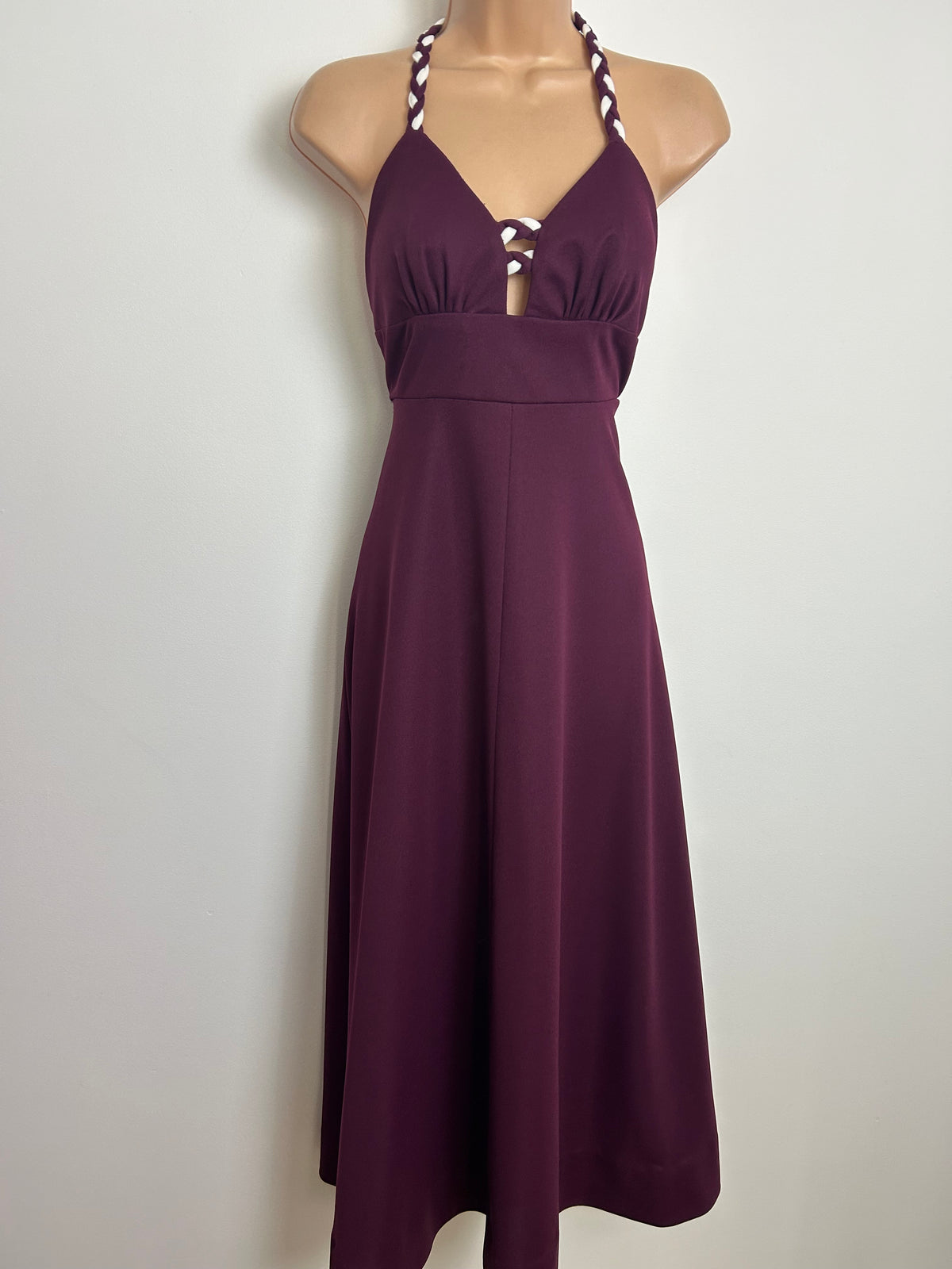 Vintage 1970s PEGGY PAGE Size 6-8 Plum Purple Plaited Strap Detail Maxi Dress