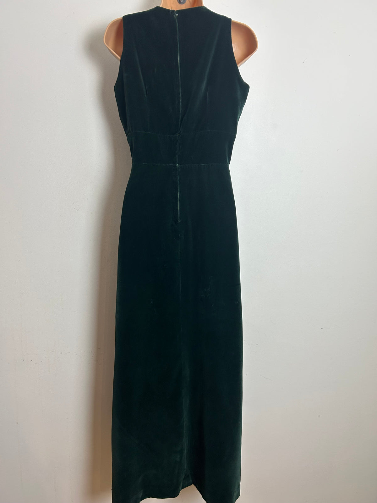 Vintage 1960s Size 10 Beautiful Forest Green Velvet Beaded Applique Evening Maxi Dress