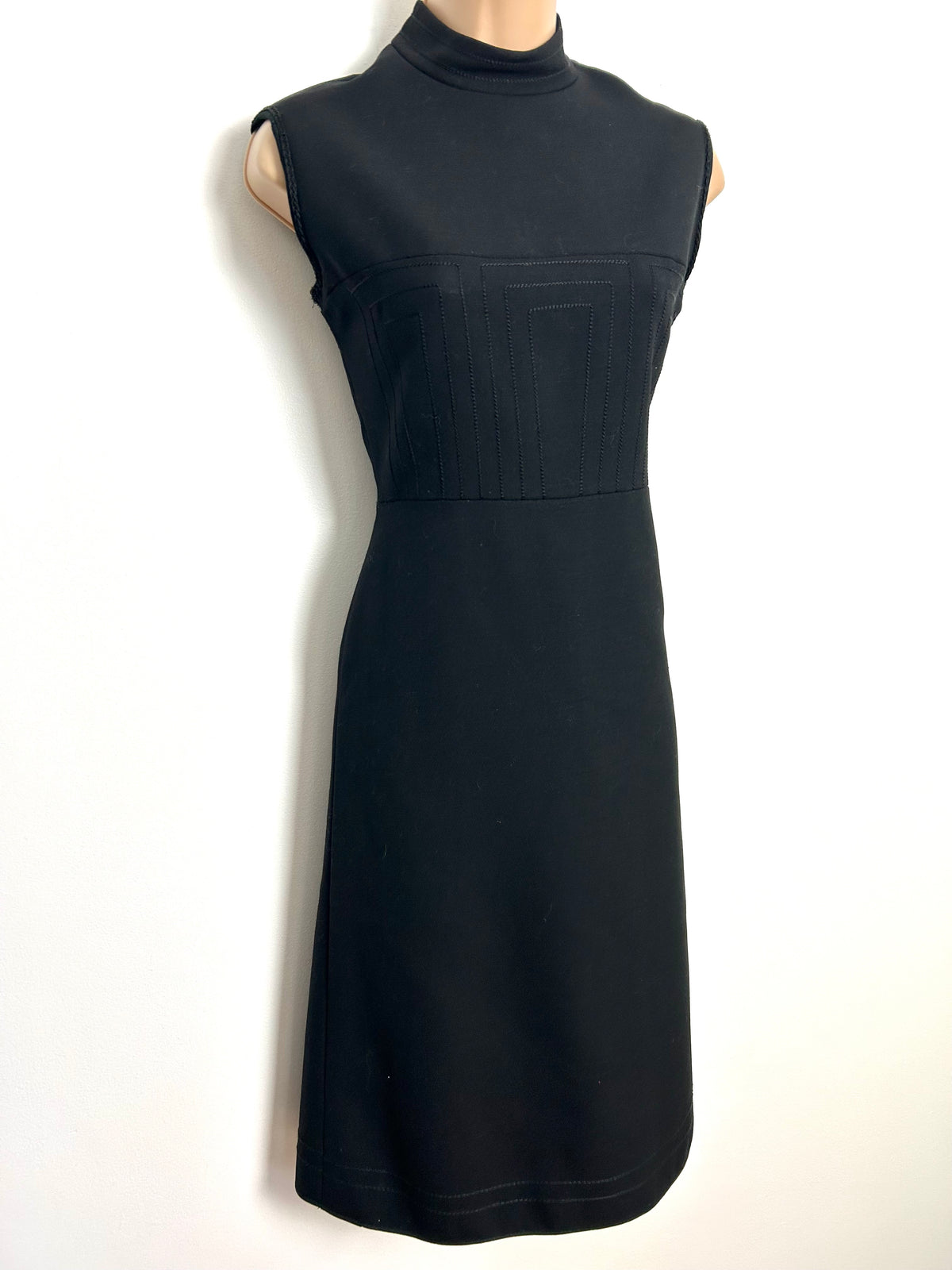 Vintage 1960s UK Size 8 Black Pure New Wool Stitch Detail Mod Dress