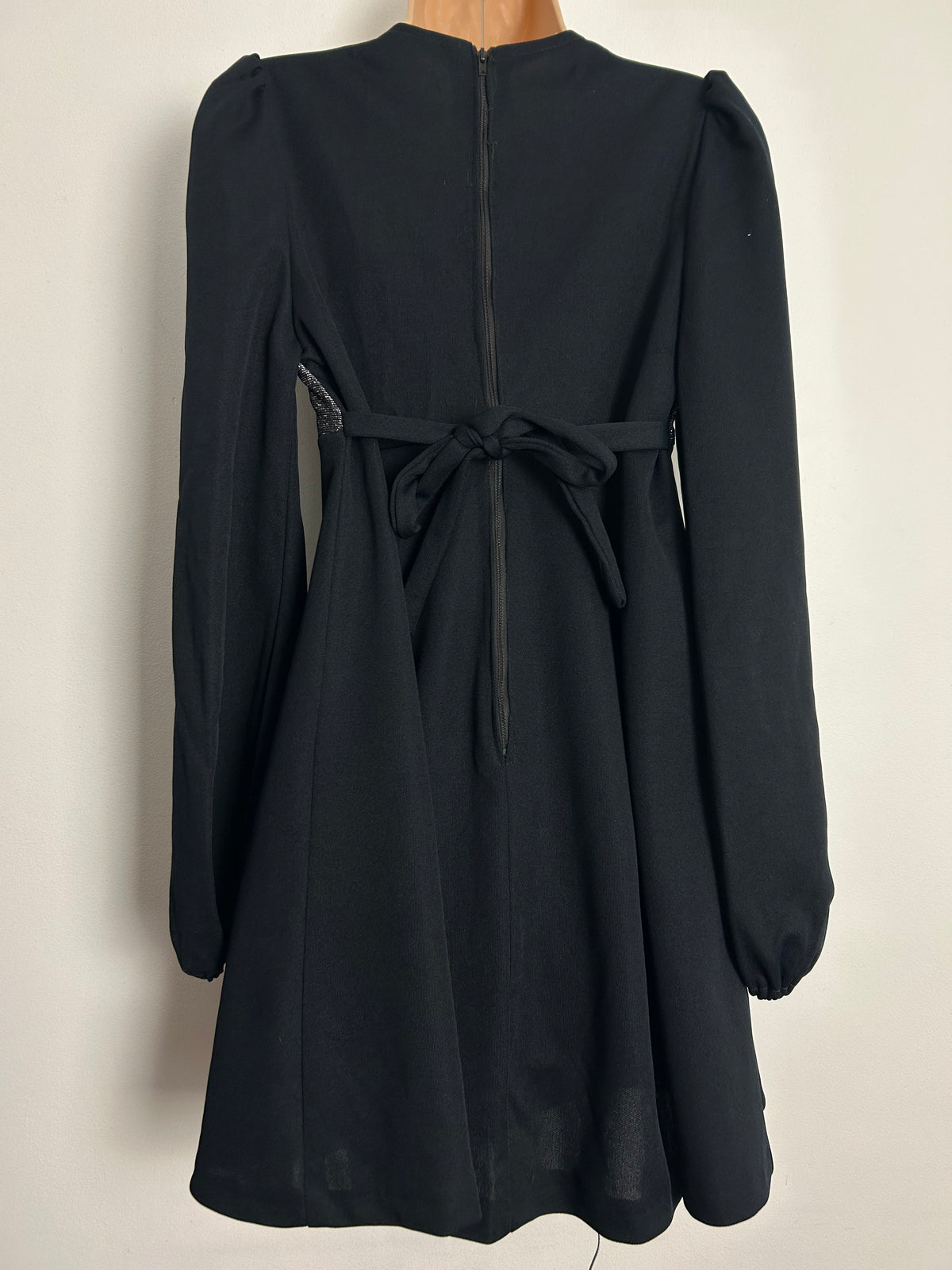 Vintage Early 1970s UK Size 10 Black & Silver Lurex Long Sleeve Pocket Detail Mini Dress