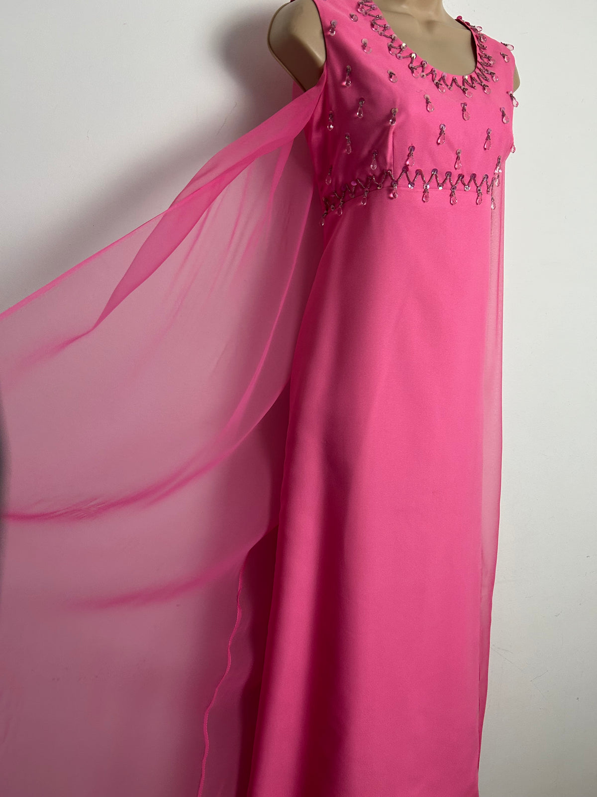 Vintage 1960s Size 8-10 Candy Pink Sequin & Droplet Bead Embellished Cape Layer Occasion Maxi Dress