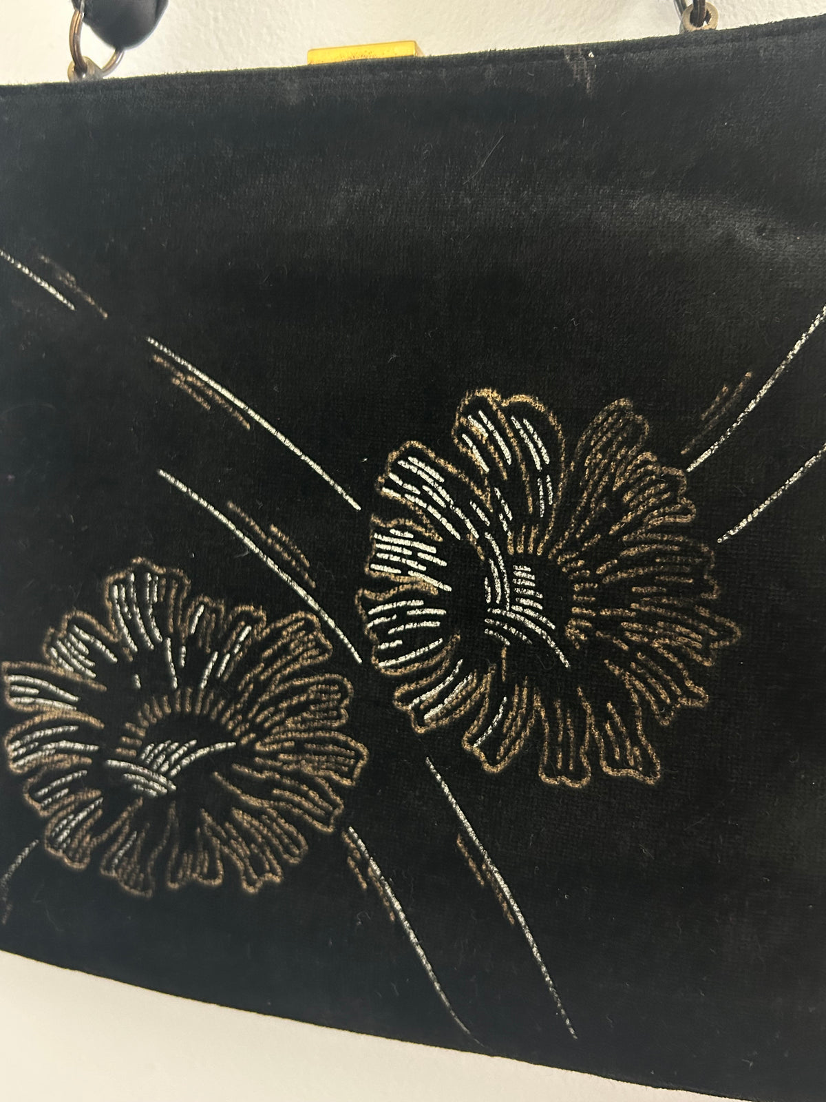 Vintage Early 1950s WALDYBAG Black Velvet Hand Painted Silver & Gold Floral Pattern Cocktail Handbag