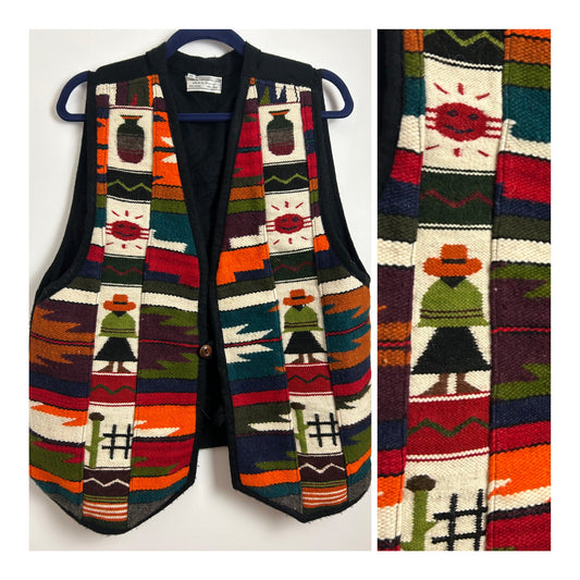 Vintage Size 14-16 Ecuadorian Artisan Hand Woven Aztex Pattern Wool Mix Waistcoat