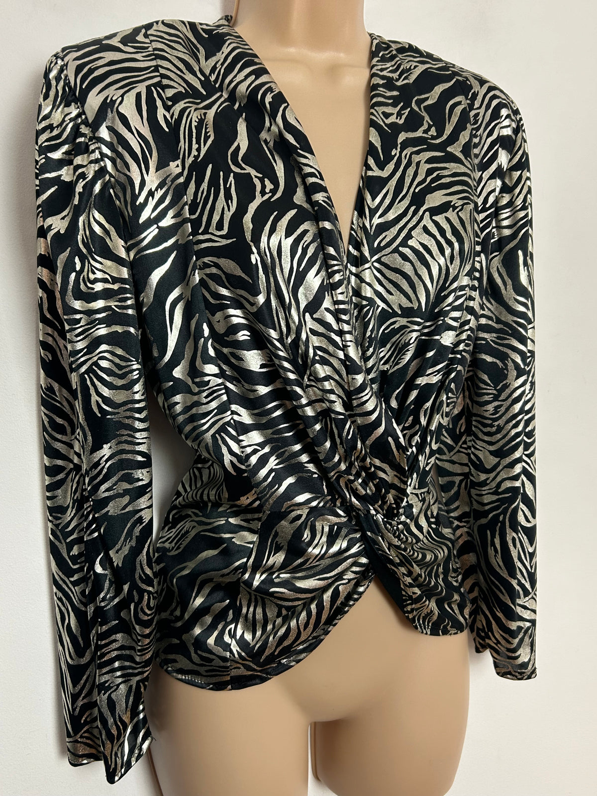 Vintage 1980s C&A UK Size 14-16 Black & Silver Lame Zebra Print Knot Fronted Party Top