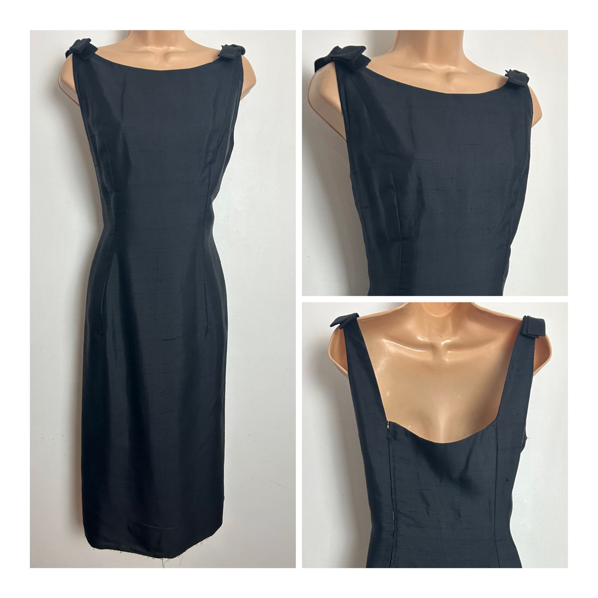 Vintage 1960s CRESTA COUTURE Size 12 Black Bow Shoulder Detail Fitted Wiggle Dress