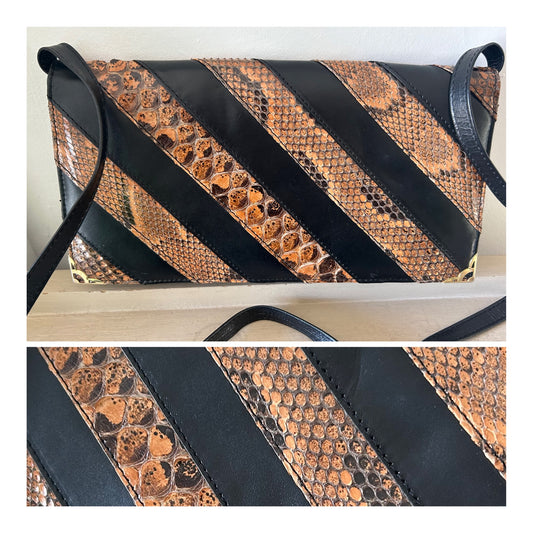 Vintage Black & Brown Reptile Stripe Pattern Clutch or Shoulder Bag