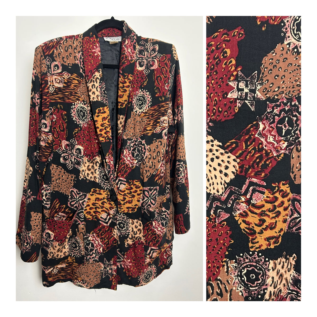 Vintage 1980s KENSINGTON SQUARE Size M (10-12) Dark Red Beige & Black Abstract & Animal Print Oversized Lightweight Blazer