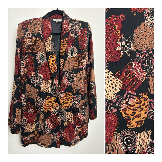 Vintage 1980s KENSINGTON SQUARE Size M (10-12) Dark Red Beige & Black Abstract & Animal Print Oversized Lightweight Blazer