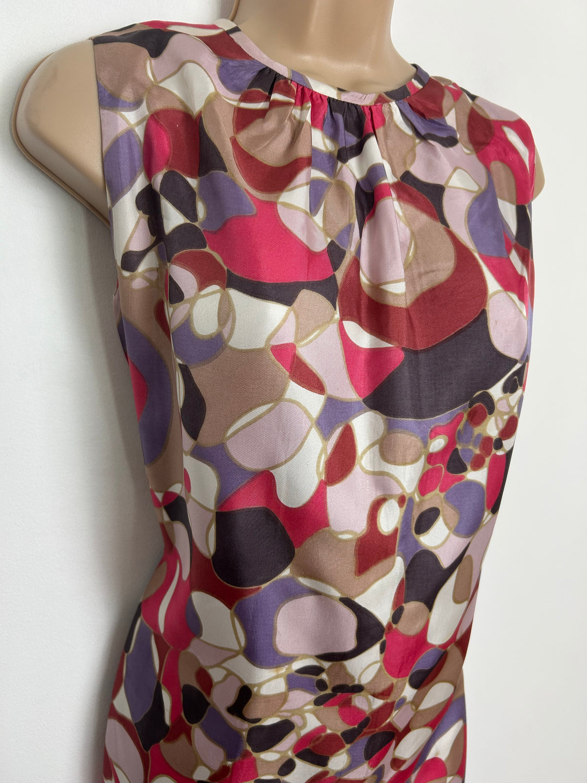 Vintage 1960s Size 14 Pink Mauve Beige & White Abstract Print Mod Shit Dress