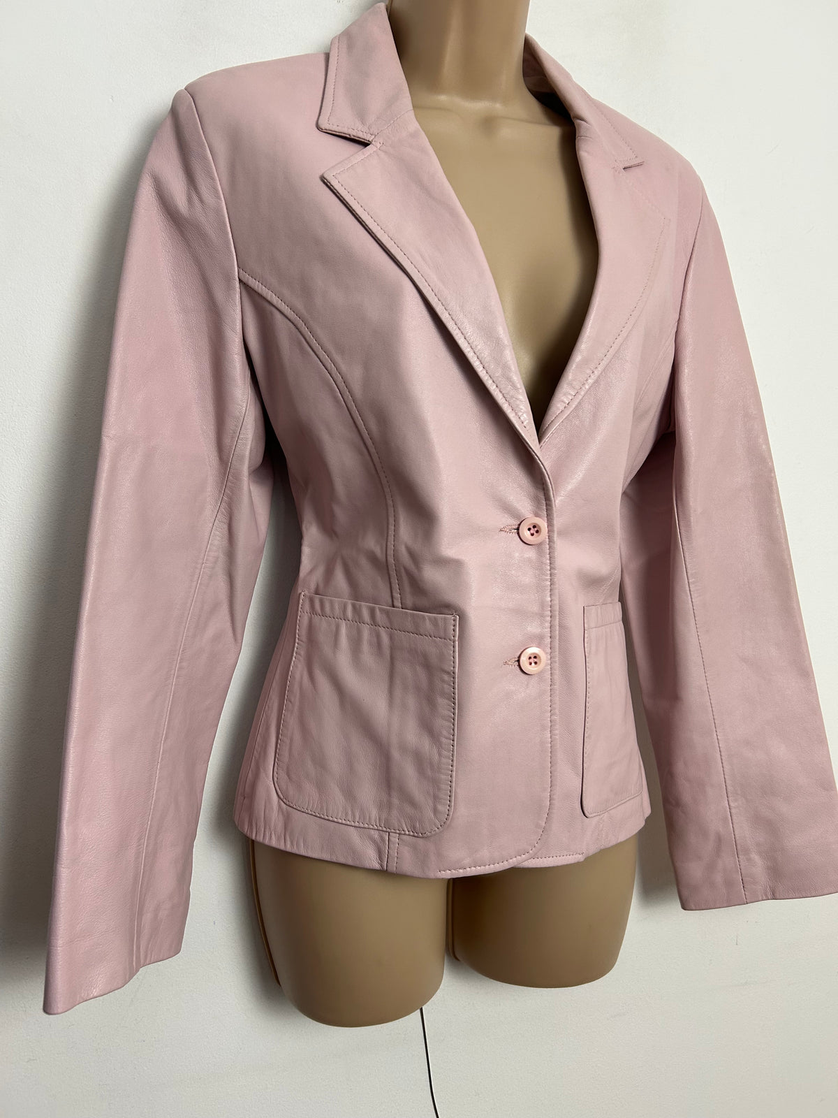 Vintage Late 80s/Early 90s UK Size 10-12 Pale Pink Pocket Detail Blazer Style Leather Jacket