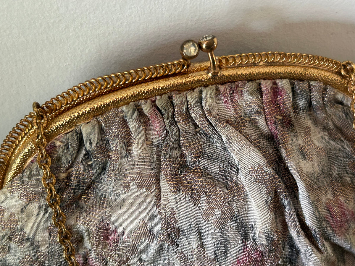 Vintage 1940s Small Cream Pink & Gold Jacquard Gold Tone Mini Purse Bag