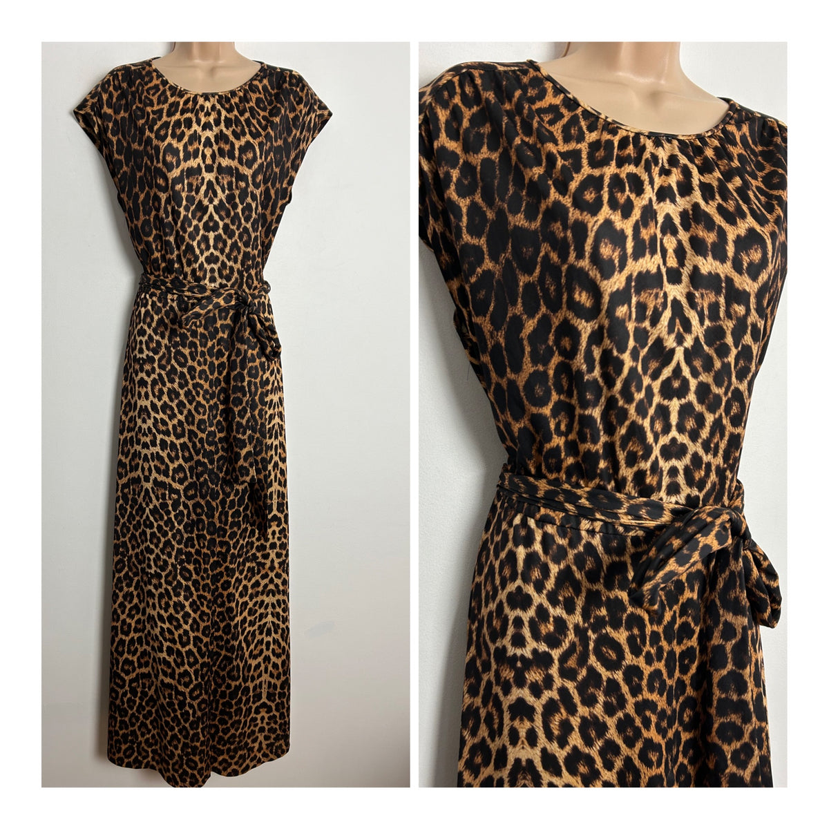 Vintage Early 1980s UK Size 14-16 Black & Tan Leopard Print Cap Sleeve Belted Split Panel Maxi Dress
