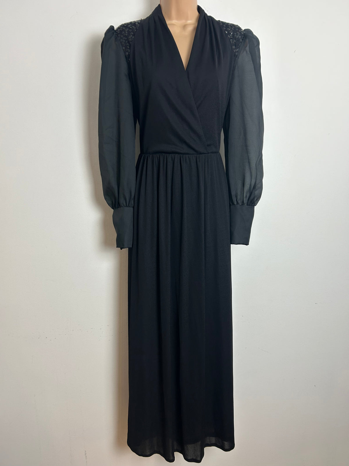 Vintage Early 1980s Size 10-12 Black Sequin Detail Long Sleeve Evening Maxi Dress