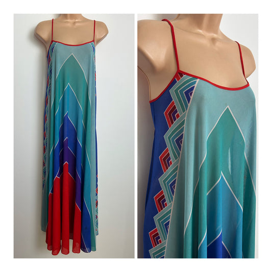 Vintage Late 1970s/Early 1980s Size 6-8 Italian ARMONIA Blue Red & Mint Green Abstract Pattern Resort Wear Maxi Dress
