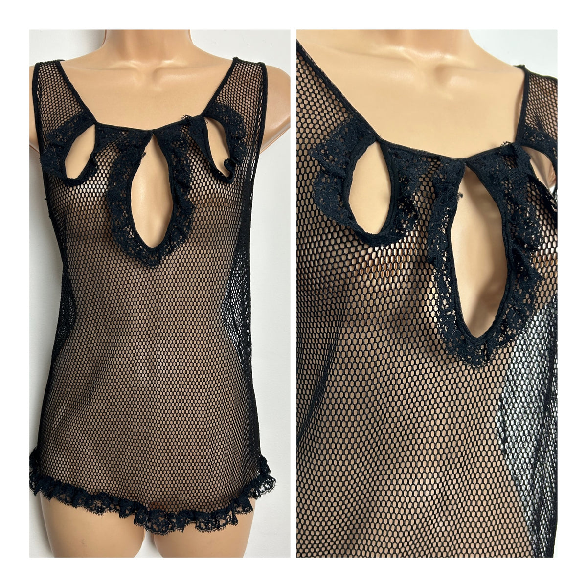 Vintage 1980s Size 10-12 Black Fine Mesh/Net Keyhole Detail Sleeveless Sheer Top