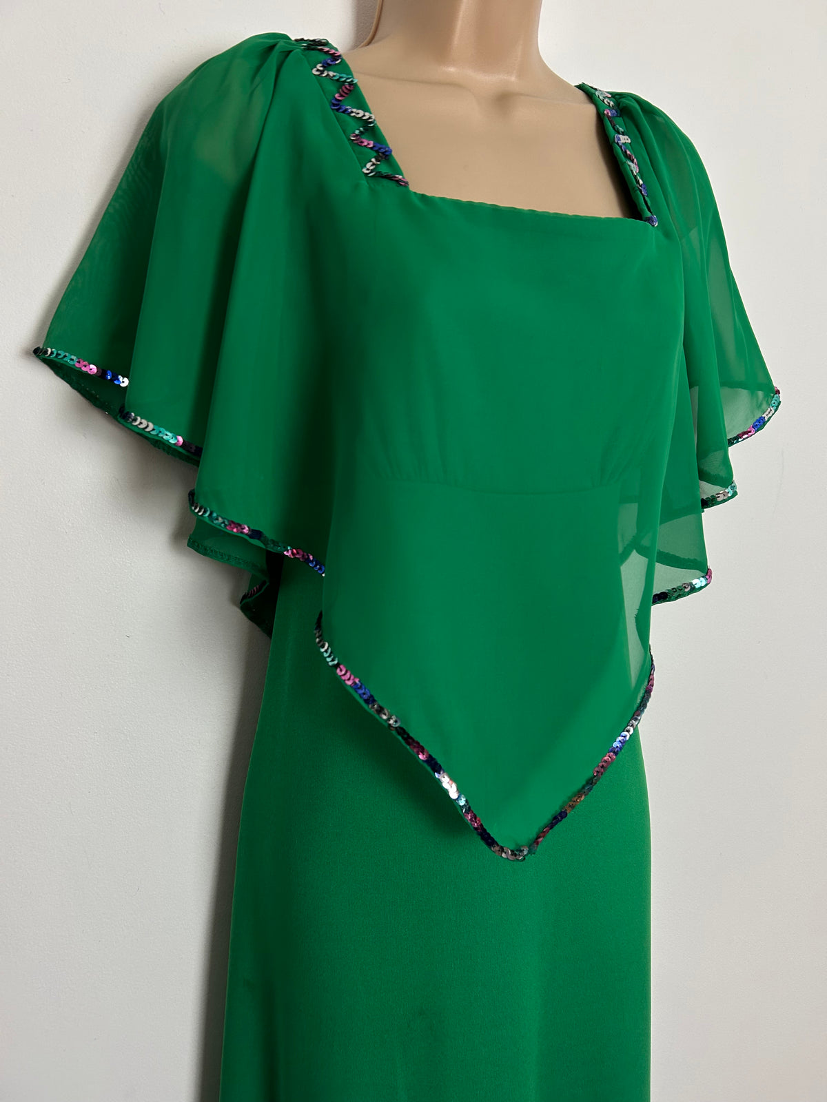 Vintage 1970s UK Size 10 Green Chiffon Cape Sleeve Sequin Embellished Occasion Maxi Dress