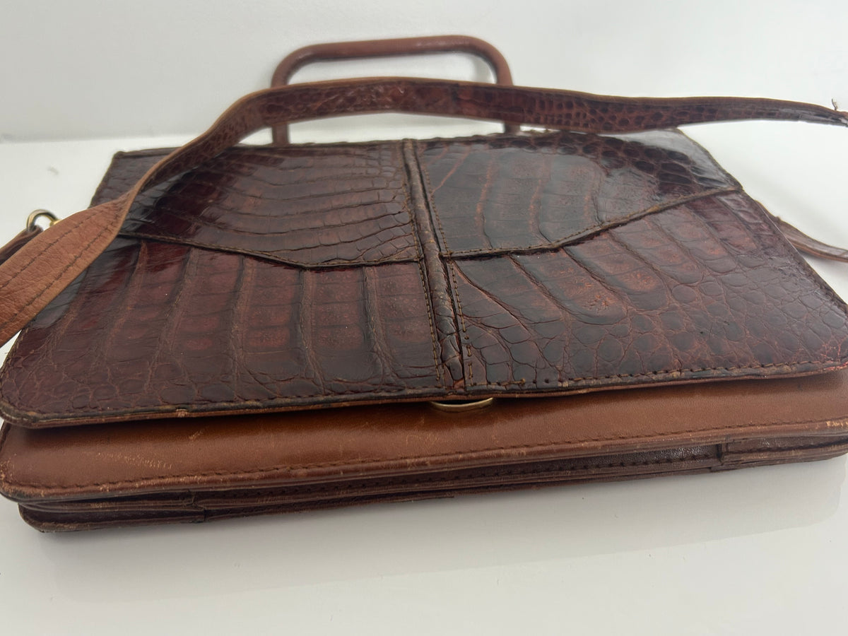 Vintage 1970s Brown Crocodile Skin Leather Handbag With Detachable Shoulder Strap