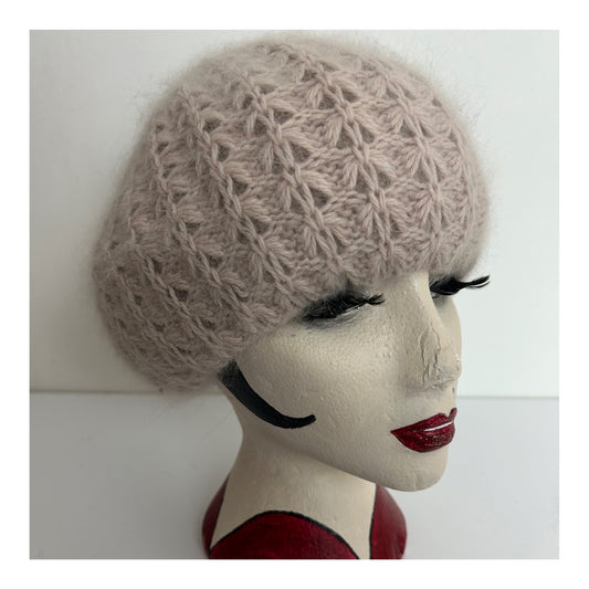 Vintage Pale Nude Pink Wool & Angora Chunky Knit Reversible Beanie/Beret Style Hat