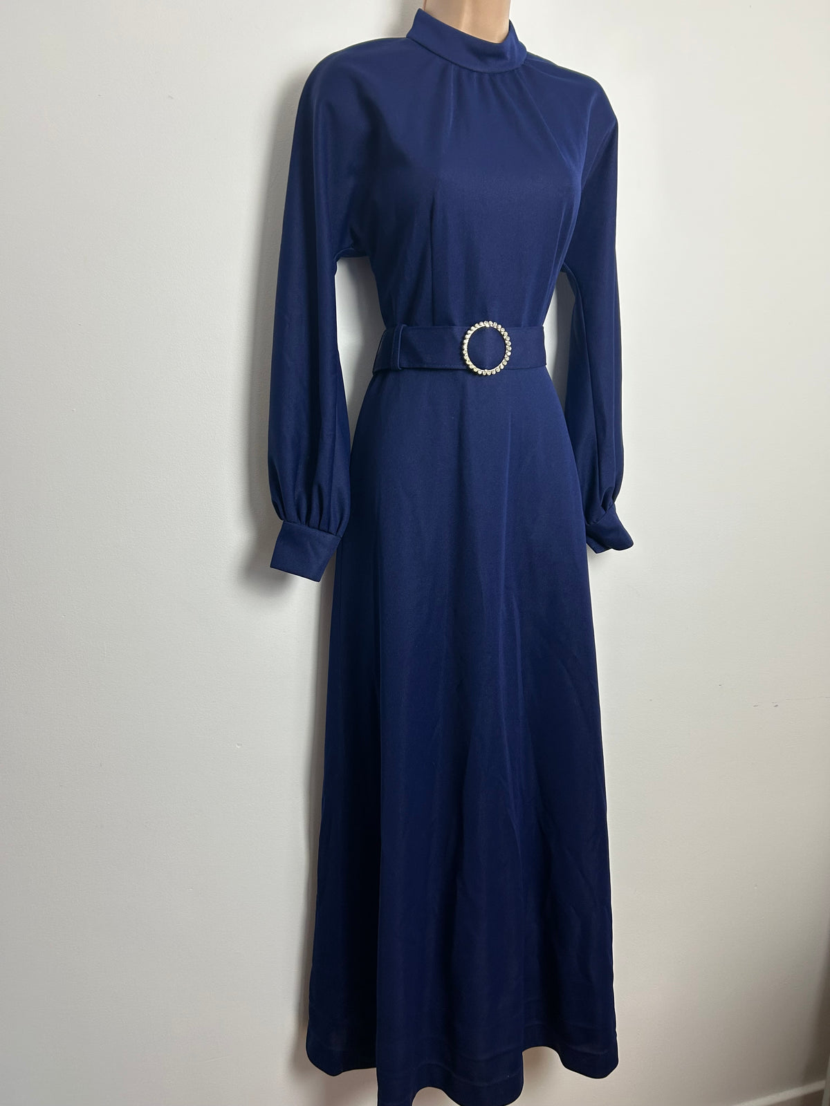 Vintage 1970s Size 8-10 Navy Blue Long Sleeve Belted Maxi Dress